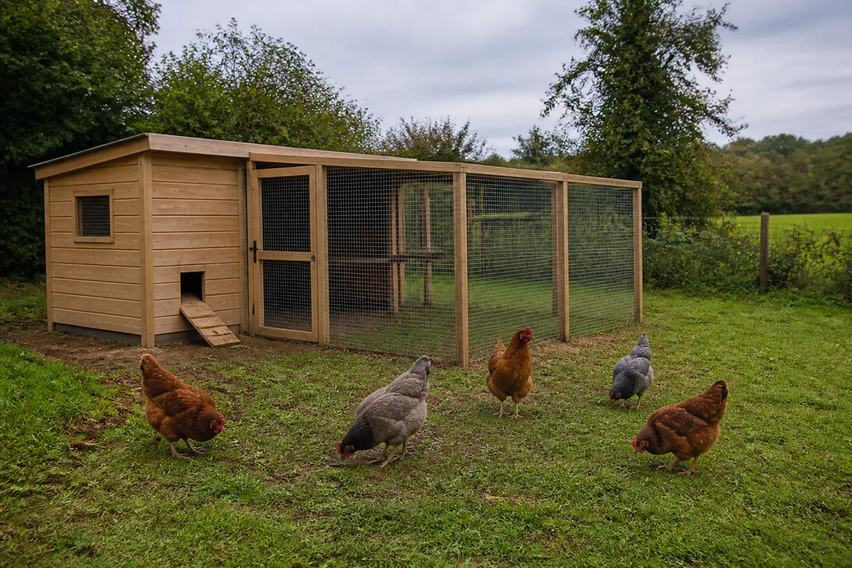 Poulailler en bois de jardin avec enclos grillagé et poules rousses