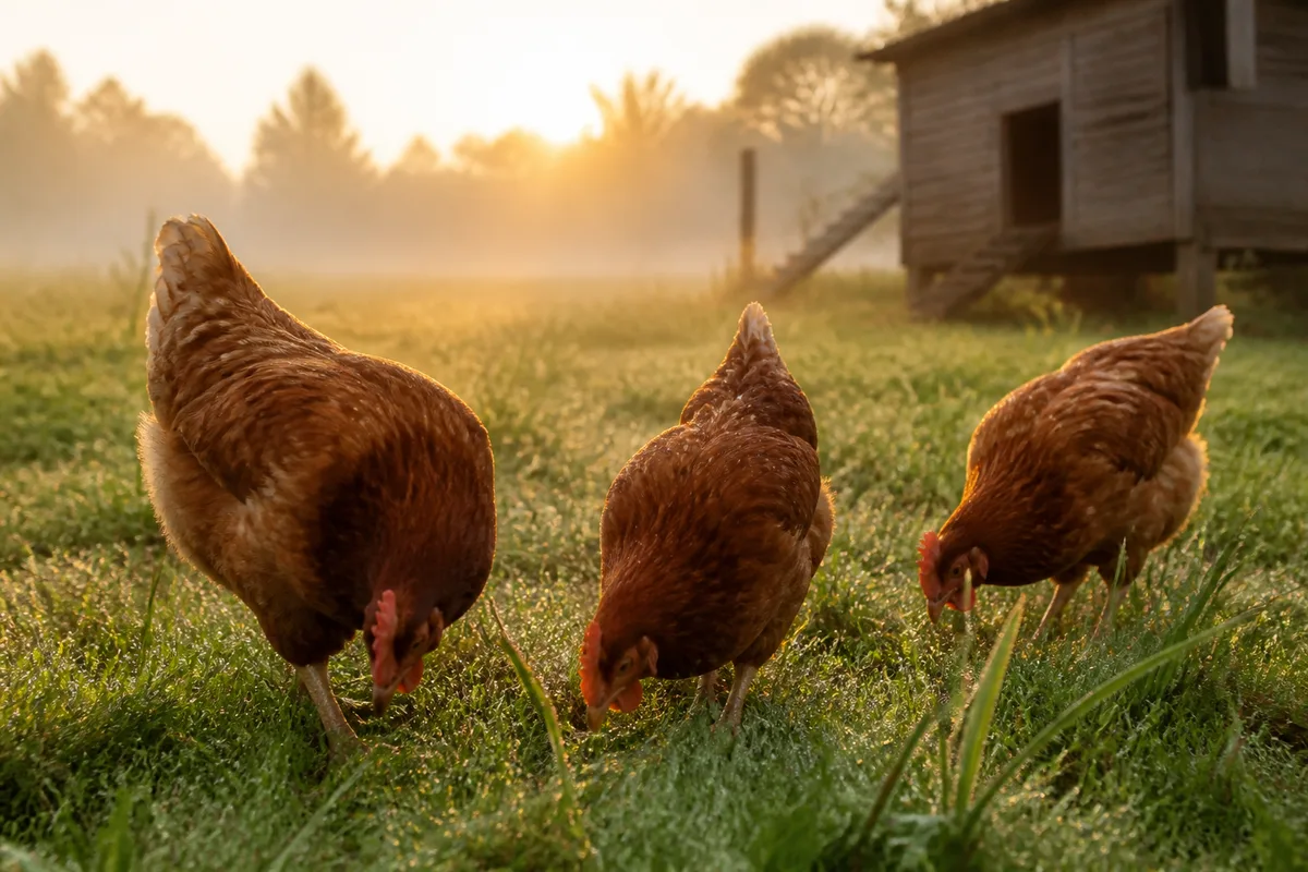 Poules picorant dans un enclos herbeux au petit matin