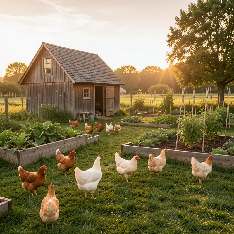 Poules en liberté devant un poulailler et un potager à la ferme